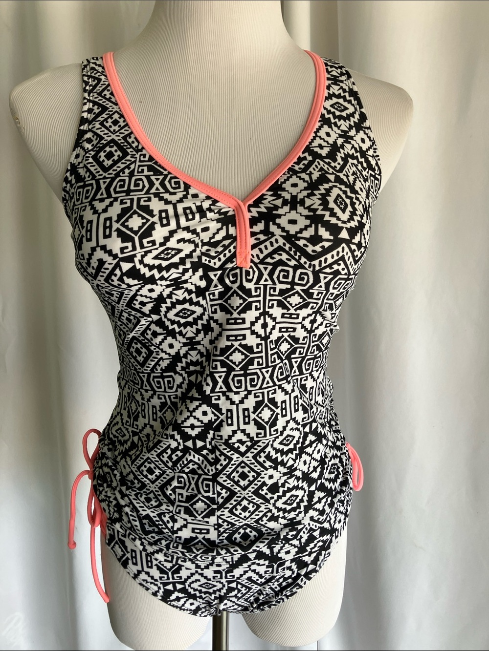 Red Camel Black and White Geo Print Tankini with Pink Trim